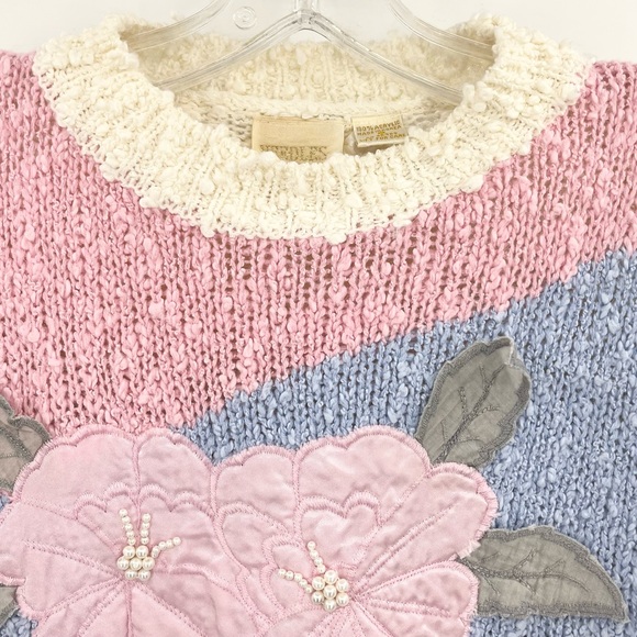 VTG Needles & Yarn Grannycore Knobby Chunky Knit Pastel Floral Crewneck Sweater - Picture 3 of 11